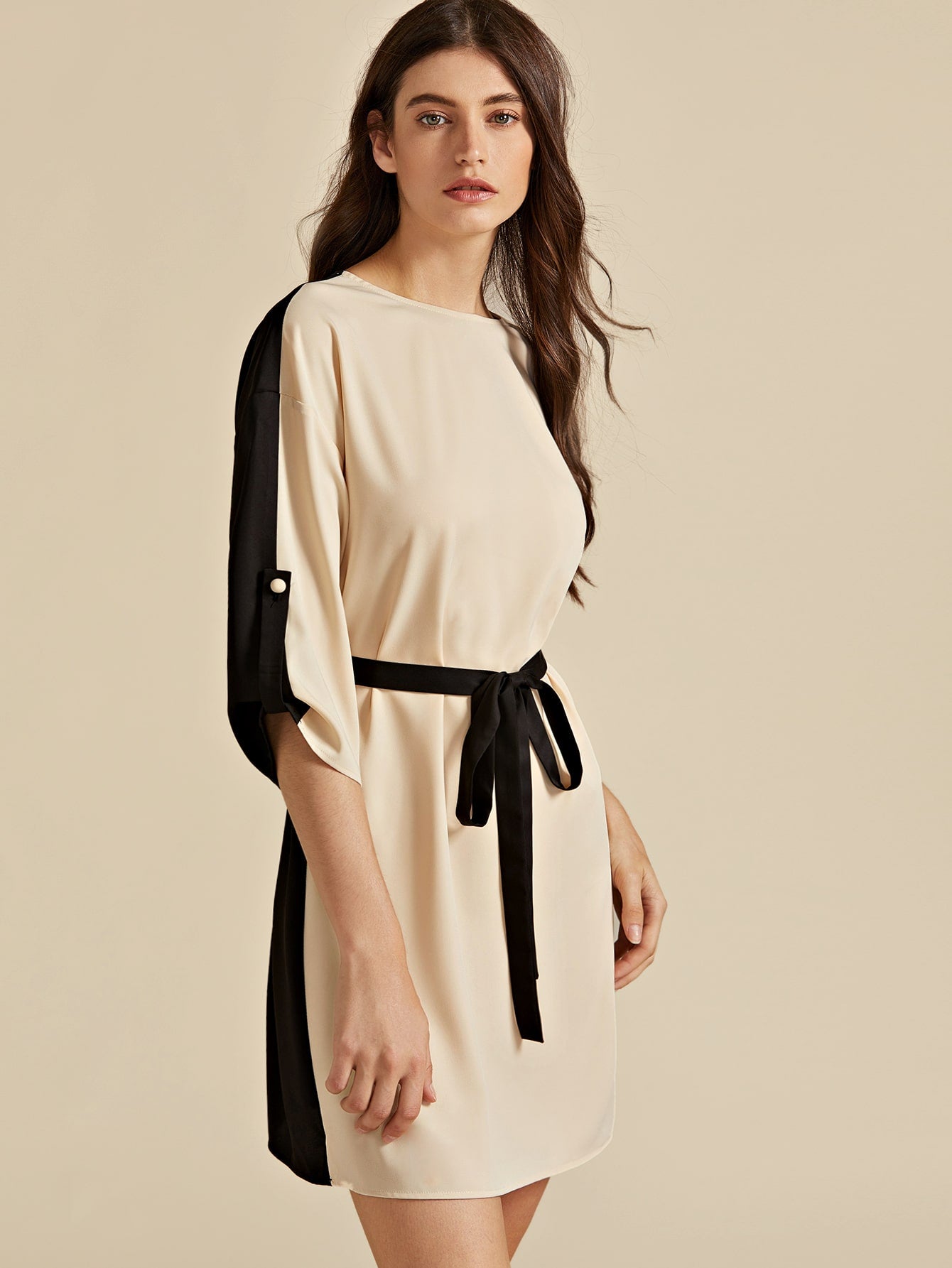 Amy's Cart Premium Roll Tab Sleeve Two Tone Belted Dress