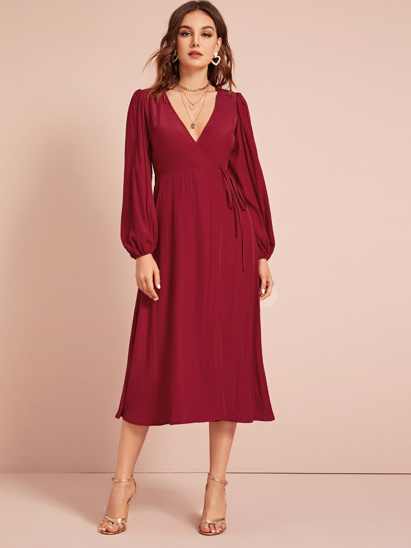 Self Tie Bishop Sleeve Wrap Dress