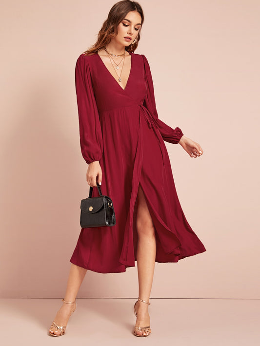 Self Tie Bishop Sleeve Wrap Dress