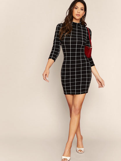 Mock-neck Grid Bodycon Dress Without Bag