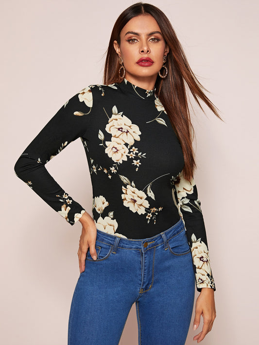 Mock-neck Floral Print Fitted Tee