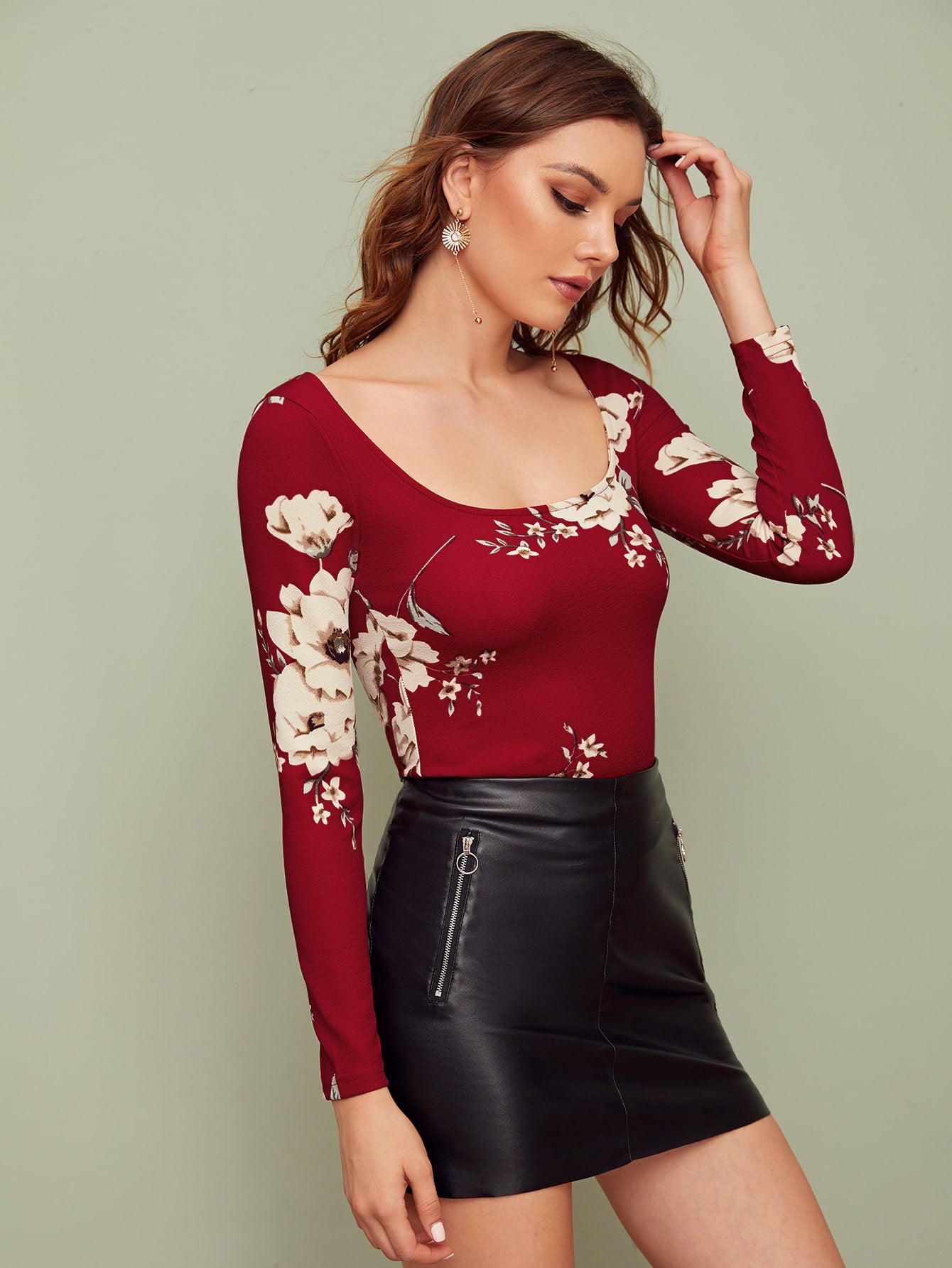 Square Neck Floral Print Form Fitted Tee