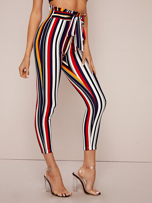 Paperbag Waist Self Belted Striped Skinny Pants