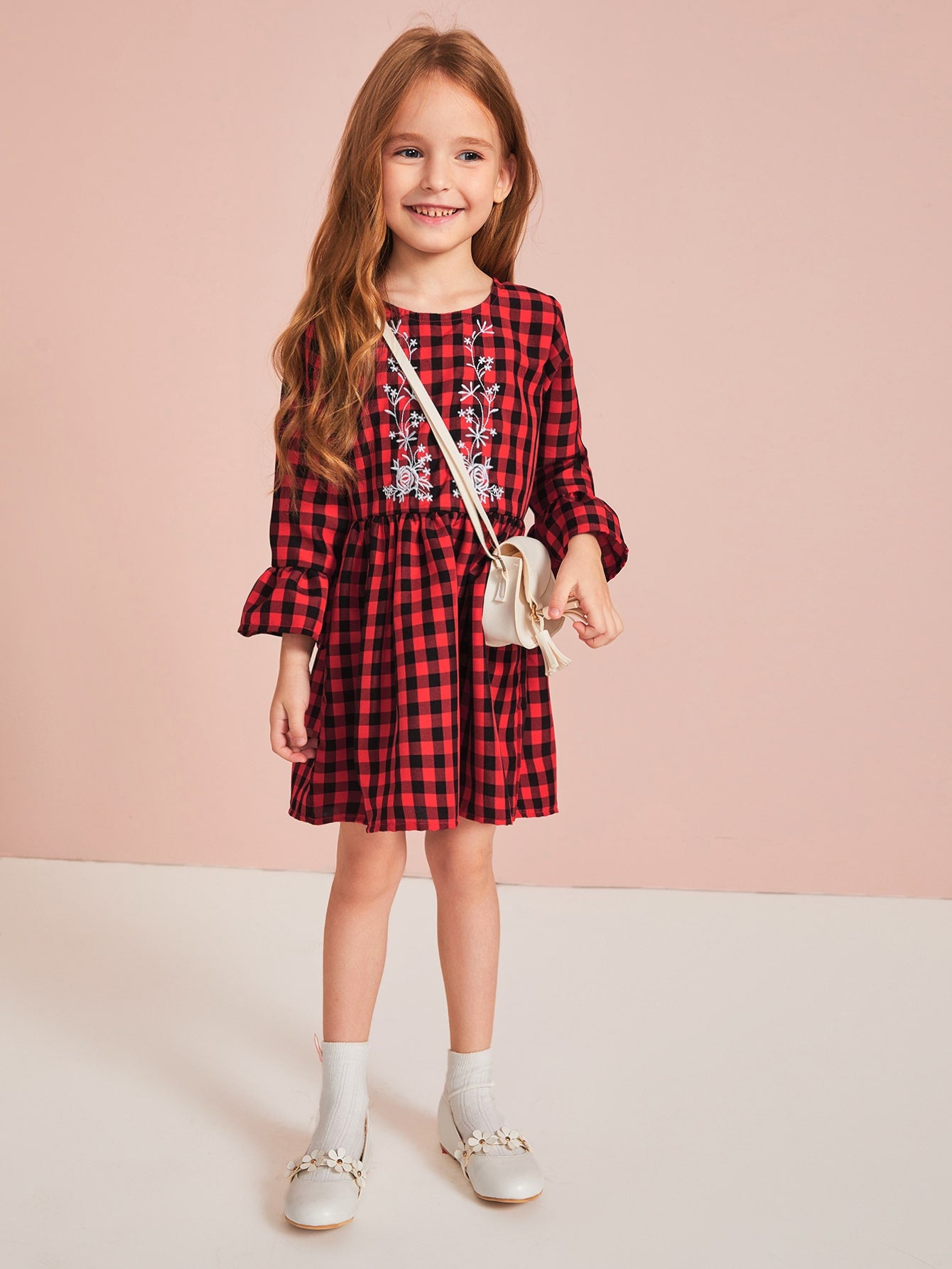 Toddler Girls Plants Embroidery Gingham Babydoll Dress