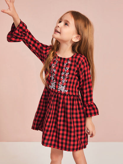 Toddler Girls Plants Embroidery Gingham Babydoll Dress