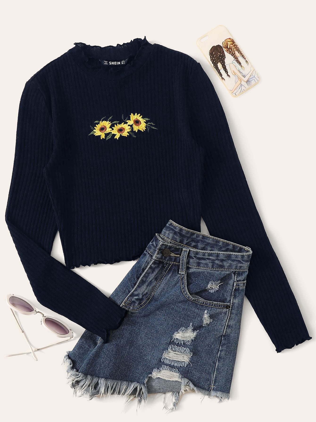 Lettuce Trim Embroidered Rib-knit Tee