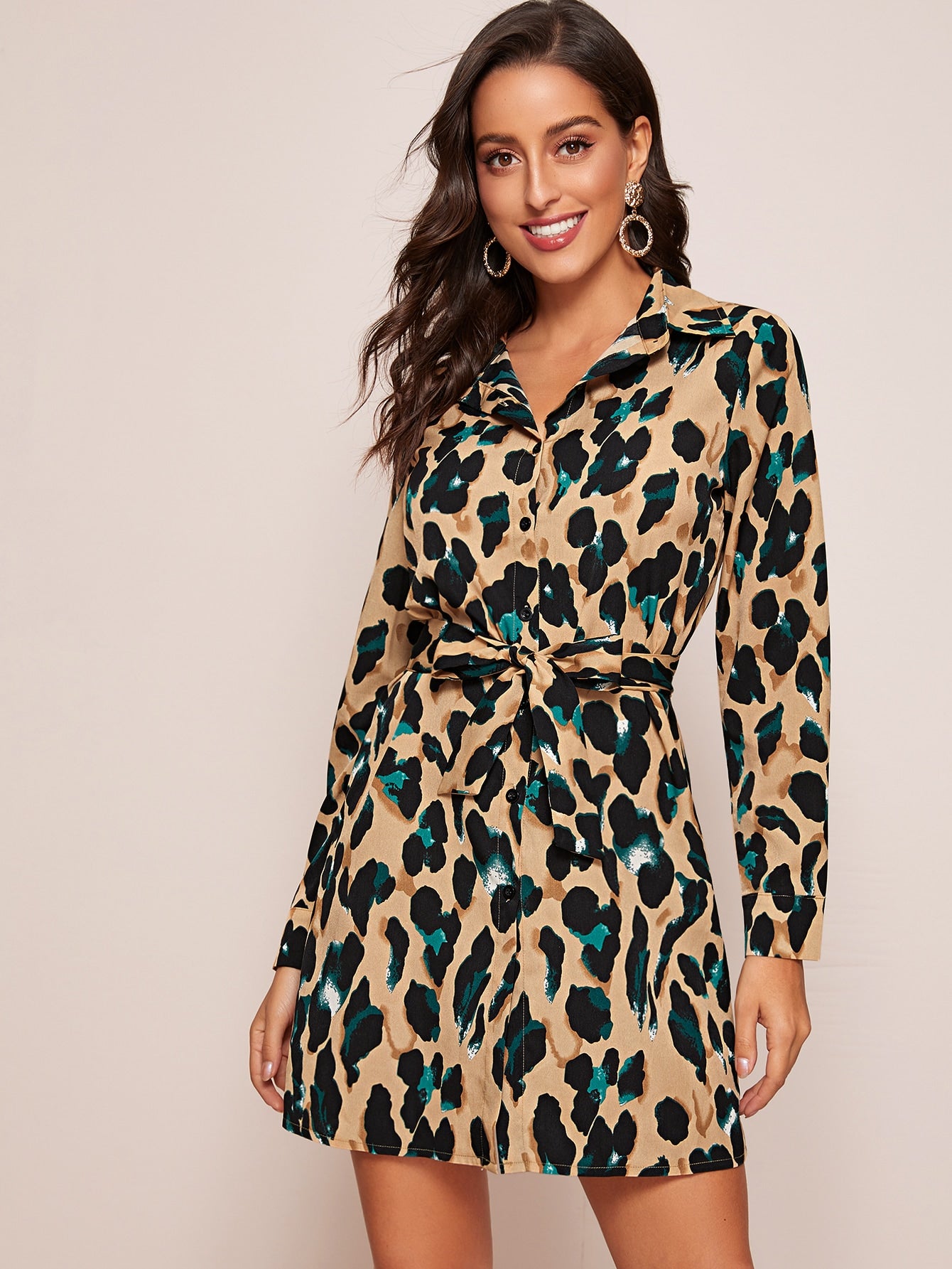 Leopard Print Self Tie Shirt Dress