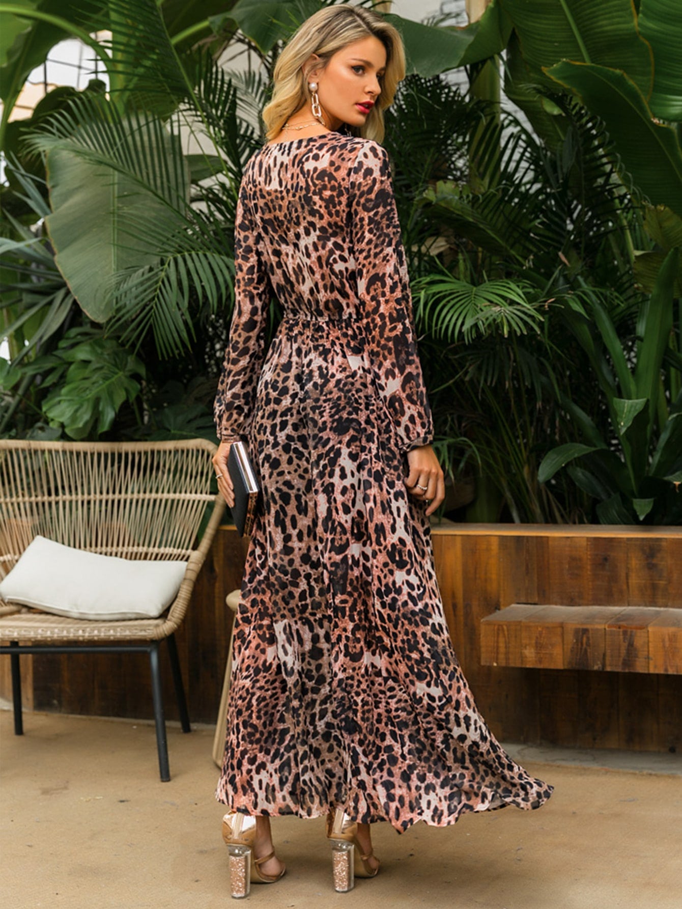 Leopard Print Deep V Neck Split Hem Dress