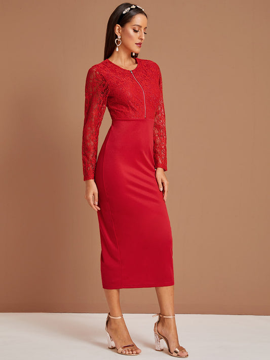 Zipper Lace Overlay Split Hem Dress