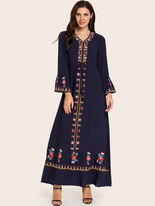 Tribal Embroidered Drawstring Waist Maxi Dress