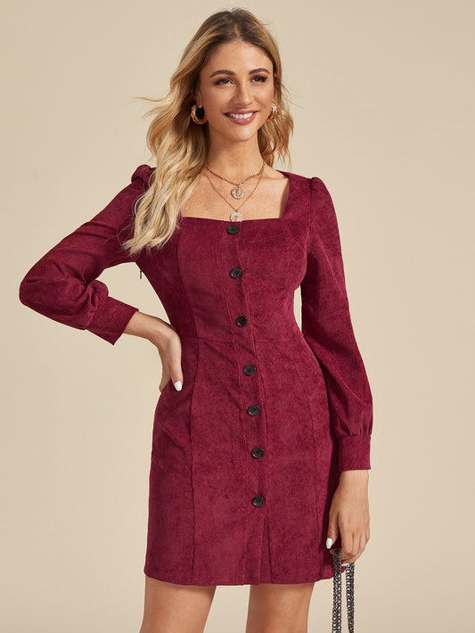 Solid Button Through Square Neck Corduroy Dress