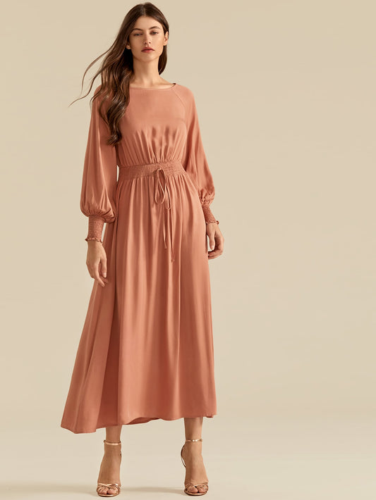 Shirred Panel Tie Front Raglan Lantern Sleeve Dress