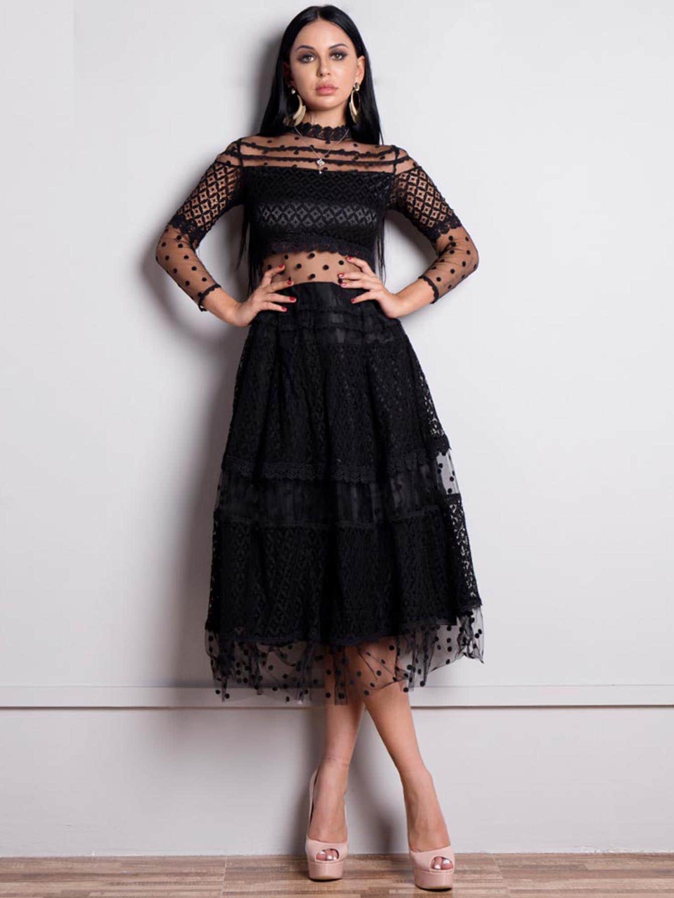 panel fit flare mesh dress Lana Black Mesh Panel Ruched Maxi Dress, M / Black