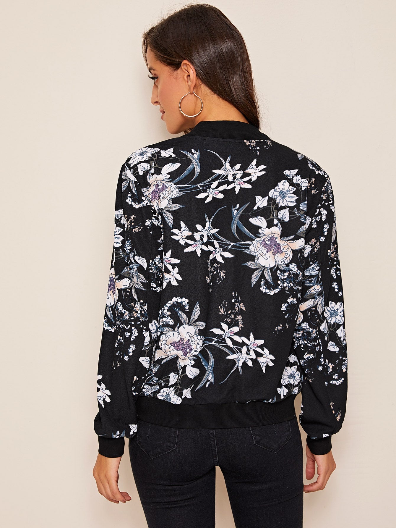 Zip Up Floral Print Bomber Jacket