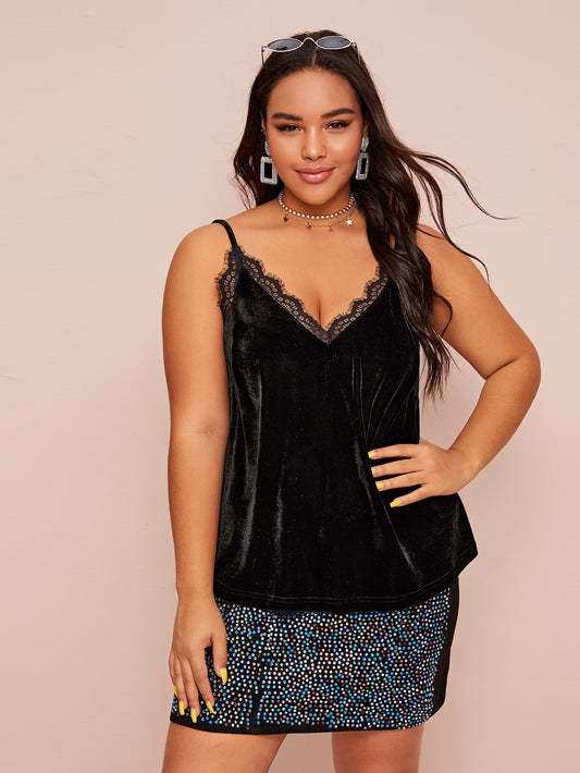 Plus Lace Trim Double V Neckline Velvet Cami Top