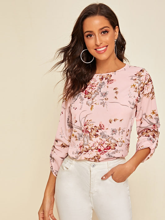 Floral Print Roll Tab Sleeve Top