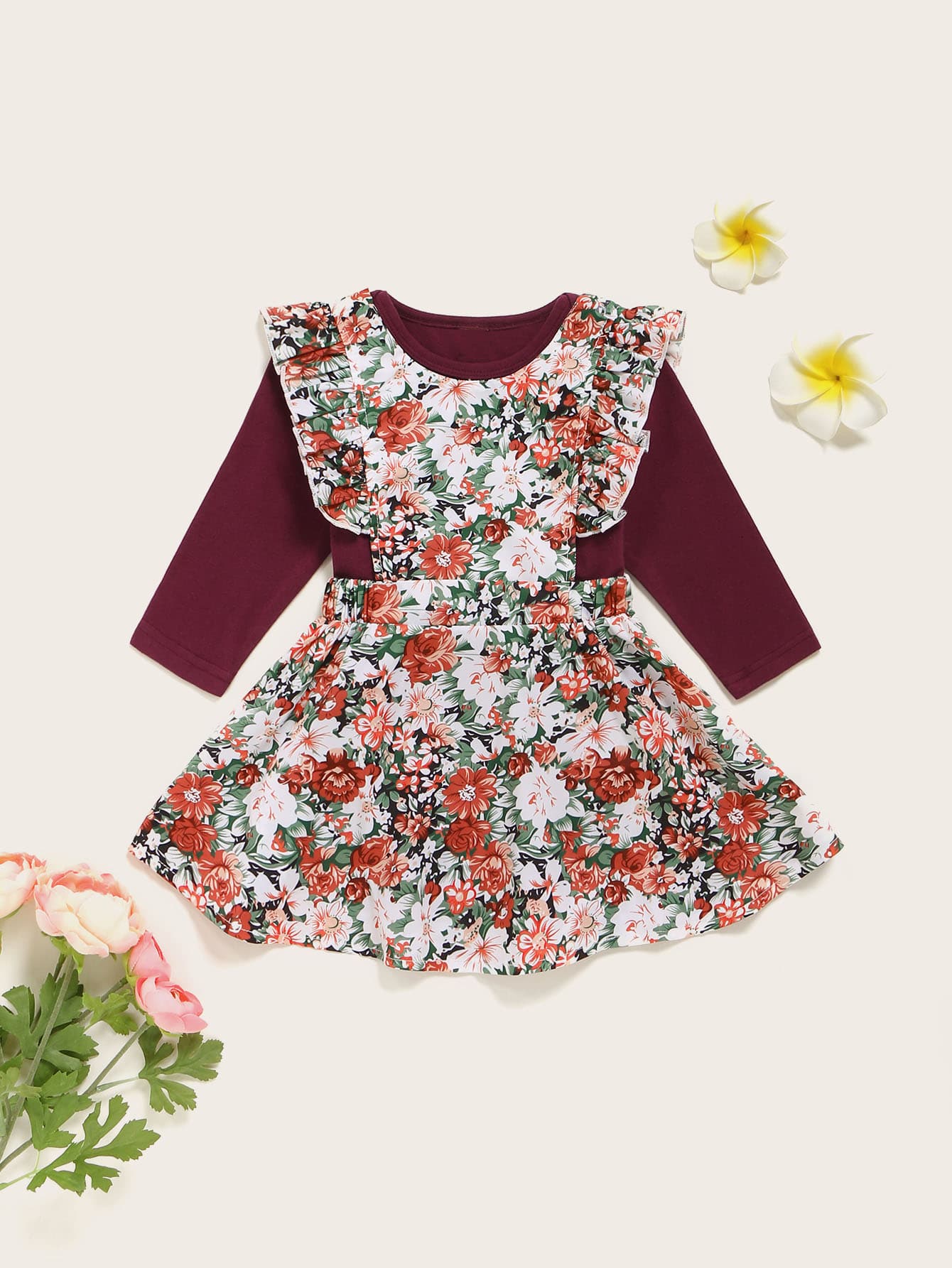 Baby Girl Romper & Floral Ruffle Trim Pinafore Dress Set