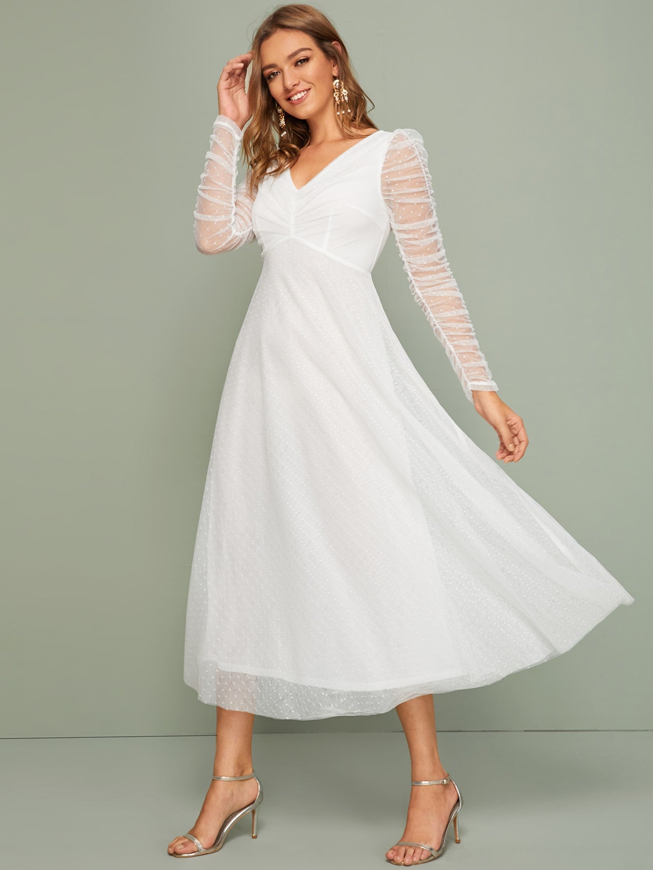 Ruched Detail Leg-of-mutton Sleeve Dobby Mesh Overlay Dress