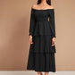 Off Shoulder Frill Trim Shirred Layered Dress