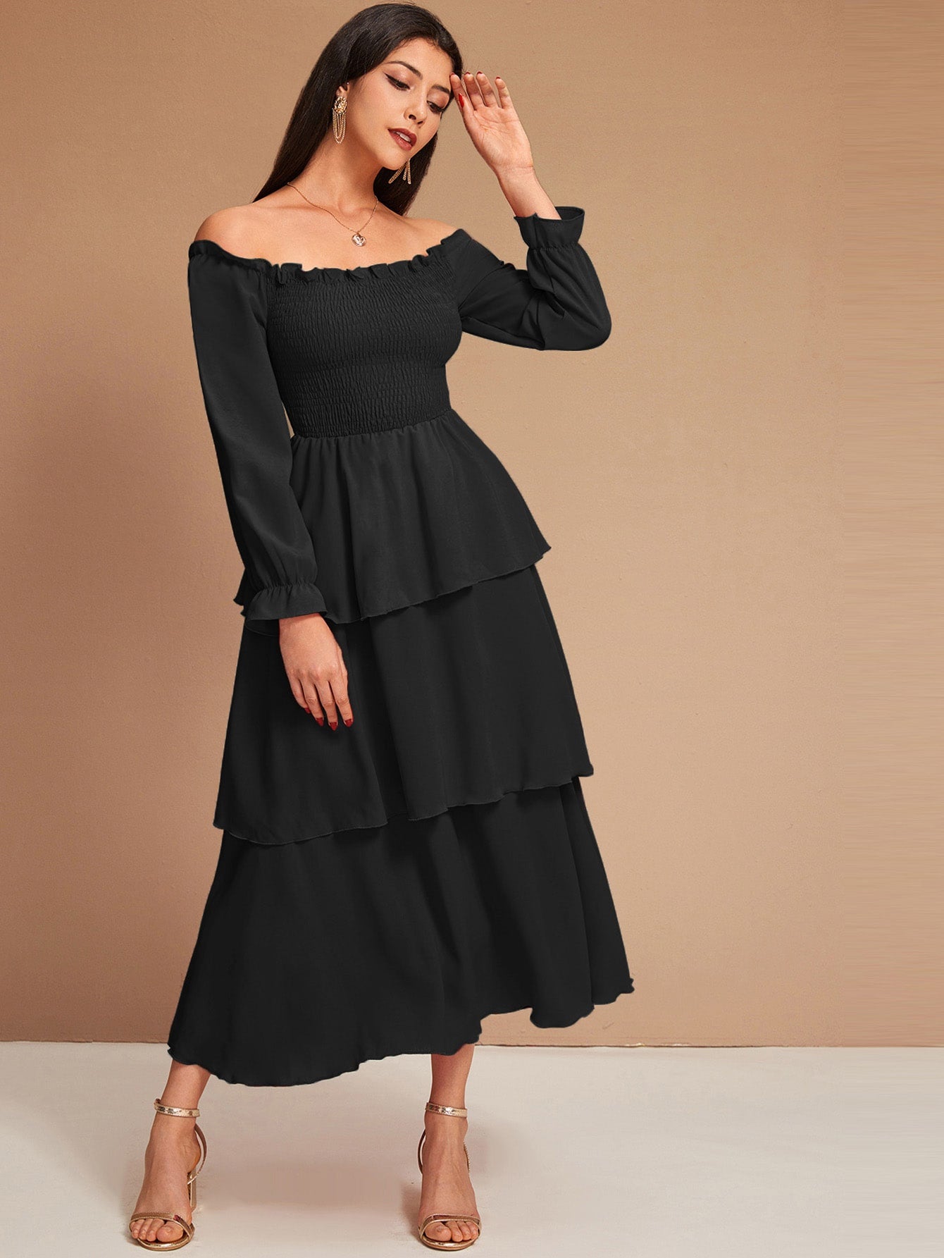 Frill Shirred Layered Hem Bardot A-line Dress Amy's Cart Frill Shirred Layered Hem Bardot A-line Dress Amy's Cart