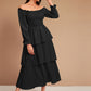 Off Shoulder Frill Trim Shirred Layered Dress