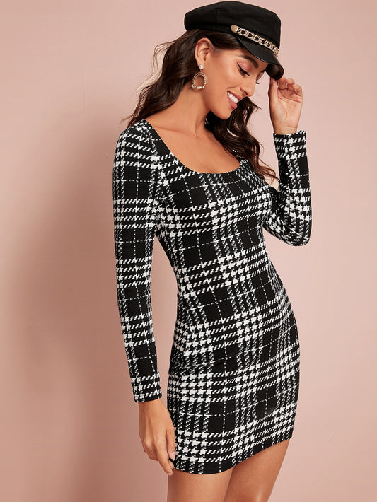 Square Neck Plaid Bodycon Dress