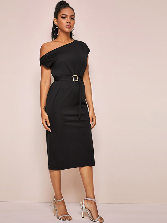 Solid Asymmetrical Neck Buckle Belted Dress