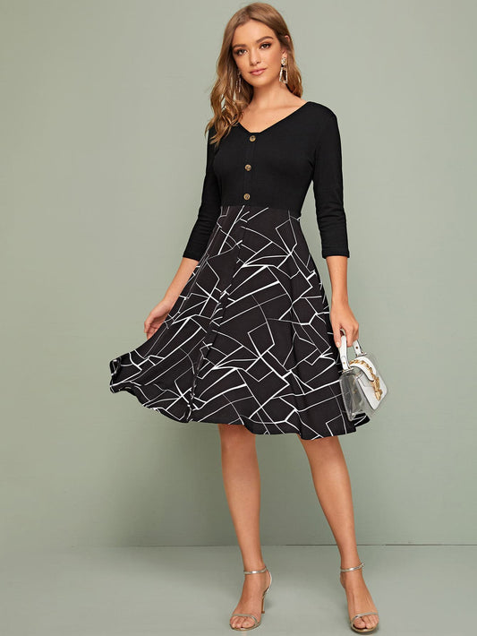 Geo Panel Button Front A-Line Dress