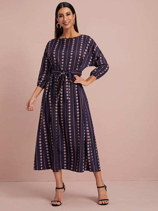 Self Tie Aztec Print A-Line Dress