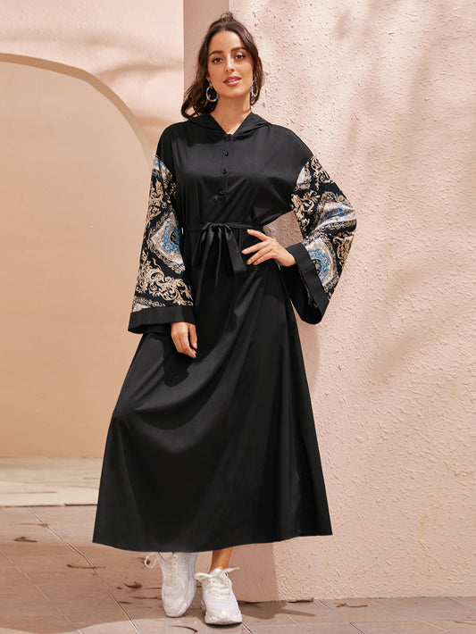 Scarf Print Button Front Hooded Belted Maxi Dress