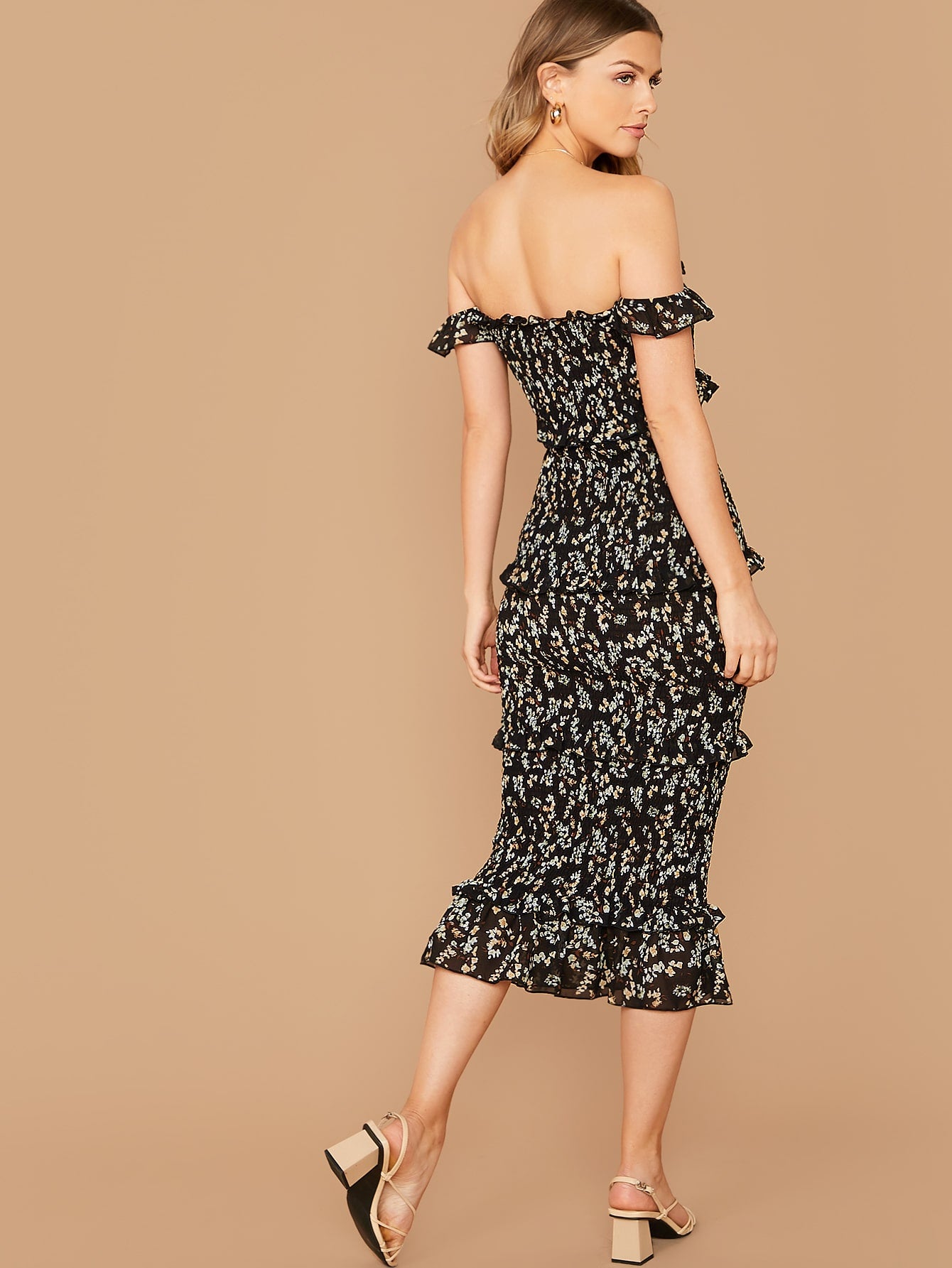 Ruffle Detail Shirred Ditsy Floral Bardot Dress
