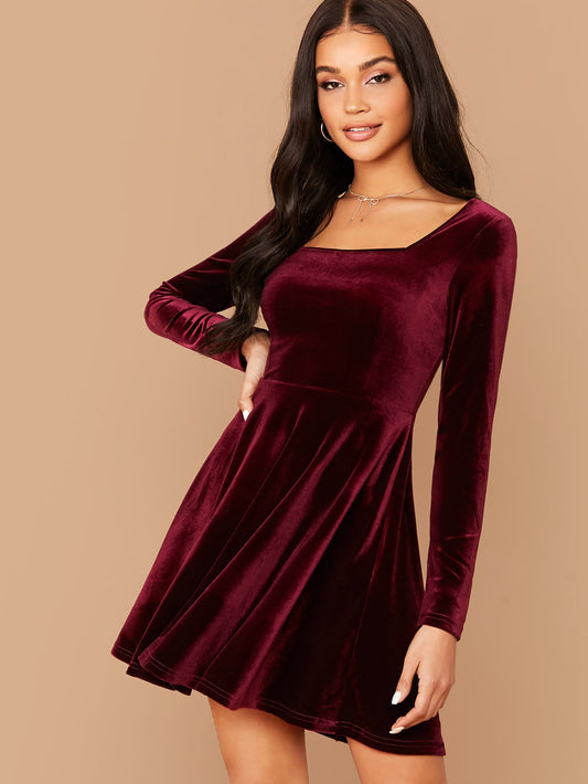 Square Neck Fit & Flare Rib-knit Velvet Dress