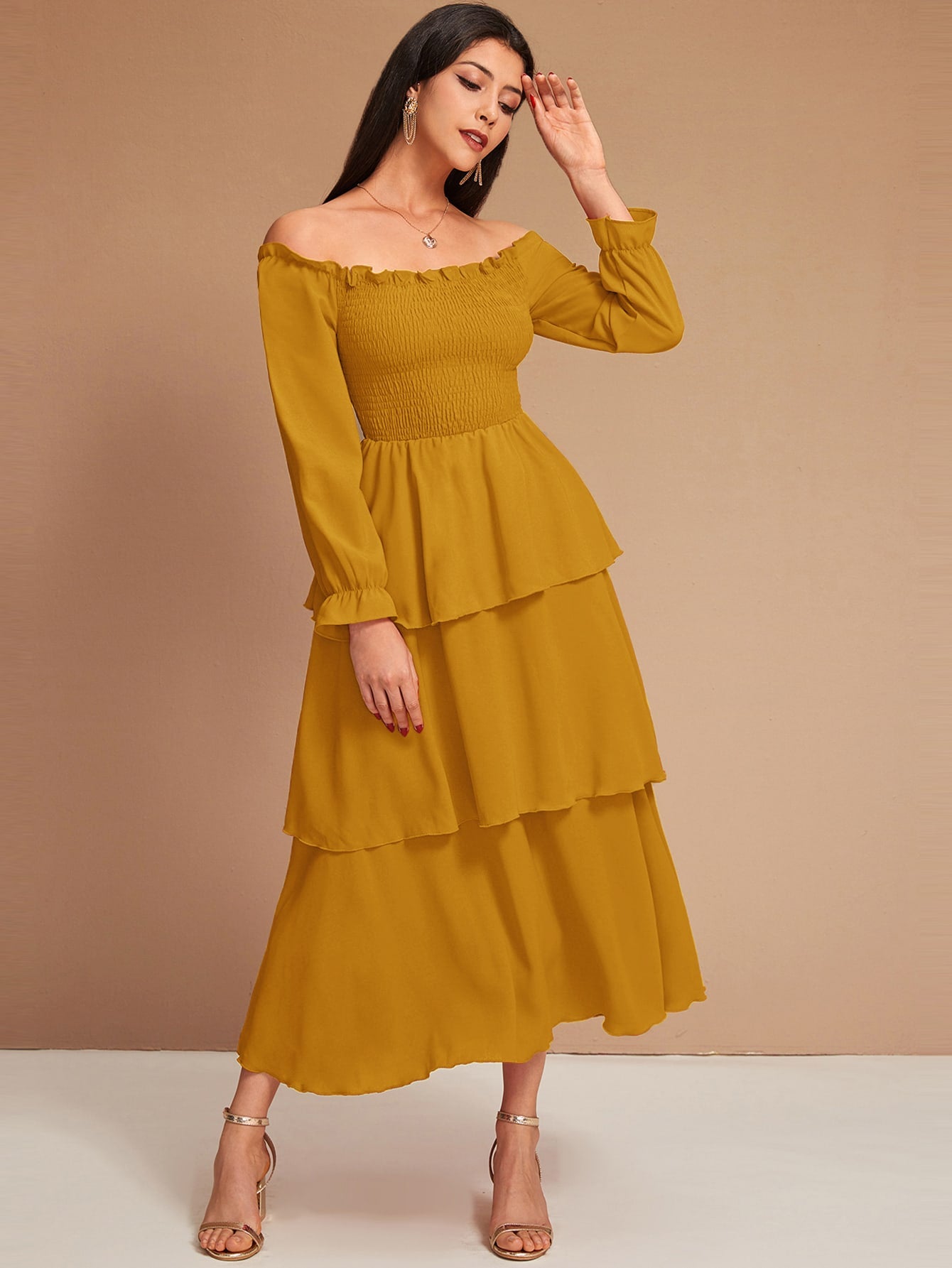 Frill Shirred Layered Hem Bardot A-line Dress Amy's Cart Frill Shirred Layered Hem Bardot A-line Dress Amy's Cart