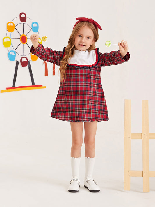 Toddler Girls Contrast Panel Frill Trim Tartan Tunic Dress