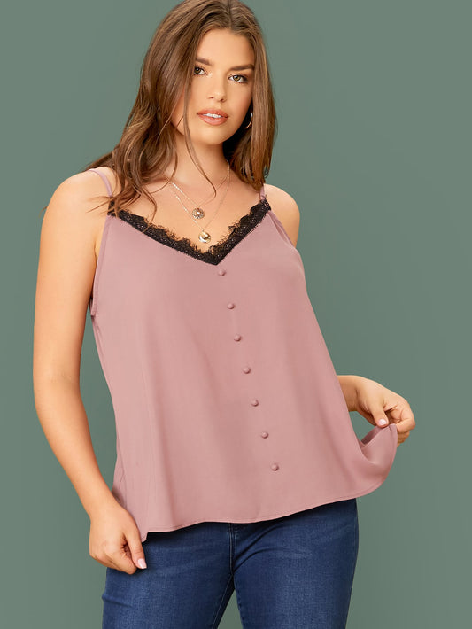 Plus Buttoned Front Lace Trim Cami Top