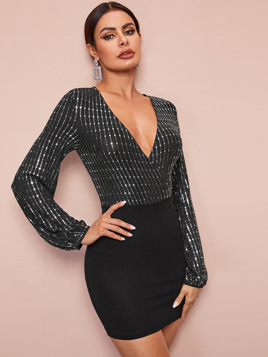 Plunging Neck Metallic Combo Bodycon Dress