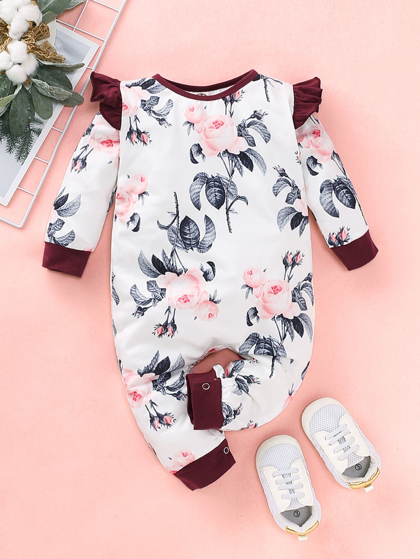 Baby Girl Large Floral Contrast Binding Ruffle Jumpsuit