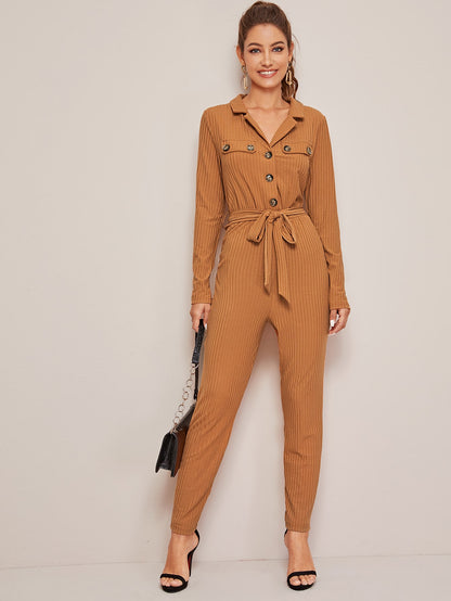 Button Front Rib-knit Belted Jumpsuit