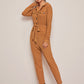 Button Front Rib-knit Belted Jumpsuit
