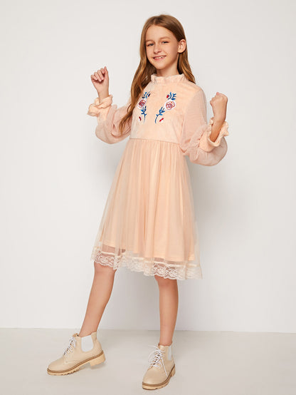 Girls Mock Neck Pleated Sleeve Embroidered Mixed Media Dress