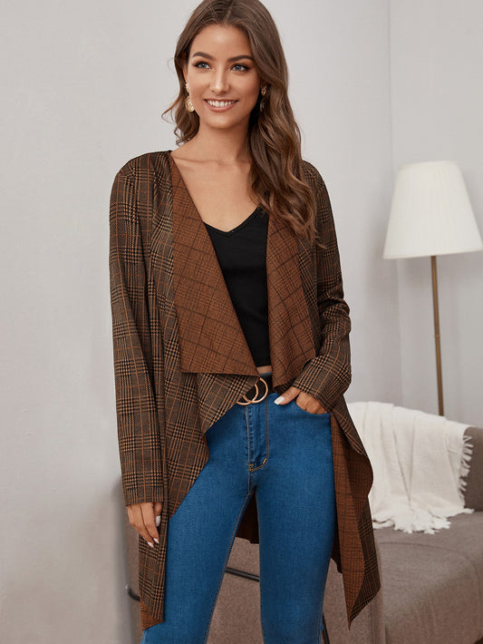 Open Front Plaid Waterfall Coat