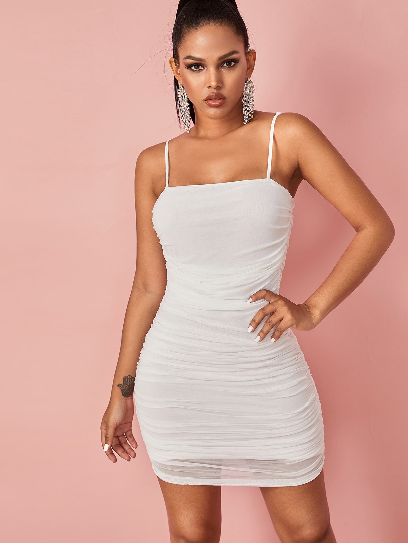 Solid Ruched Detail Mesh Bodycon Cami Dress