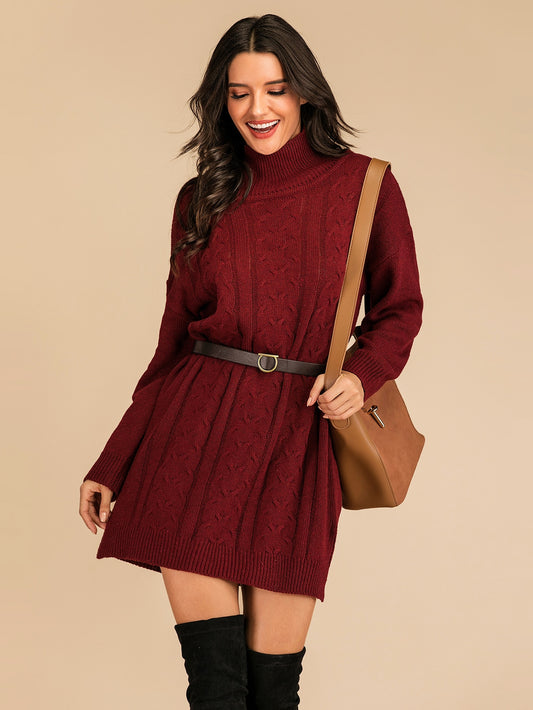 Solid Turtleneck Cable Knit Sweater Dress