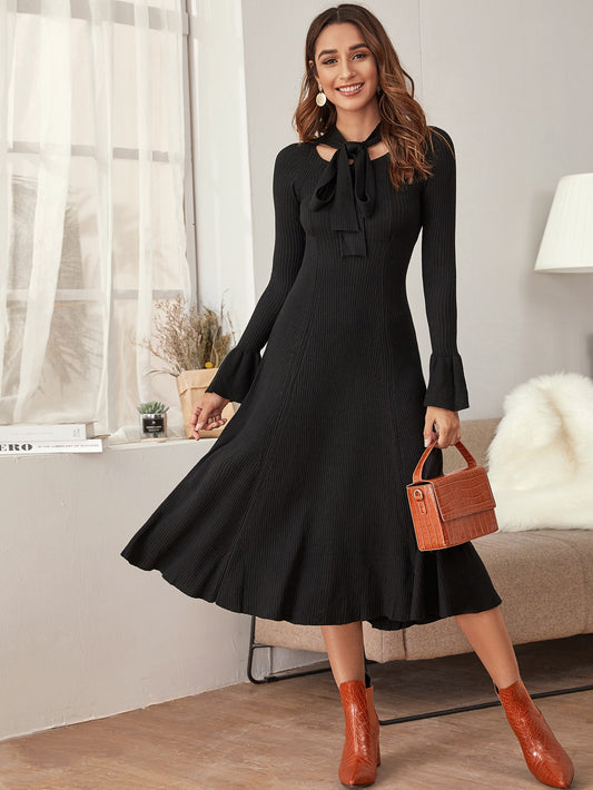 Tie Neck Rib-knit Flounce Sleeve A-line Sweater Dress