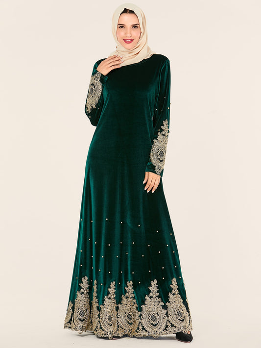 Velvet Appliques Pearls Decoration Abaya Dress