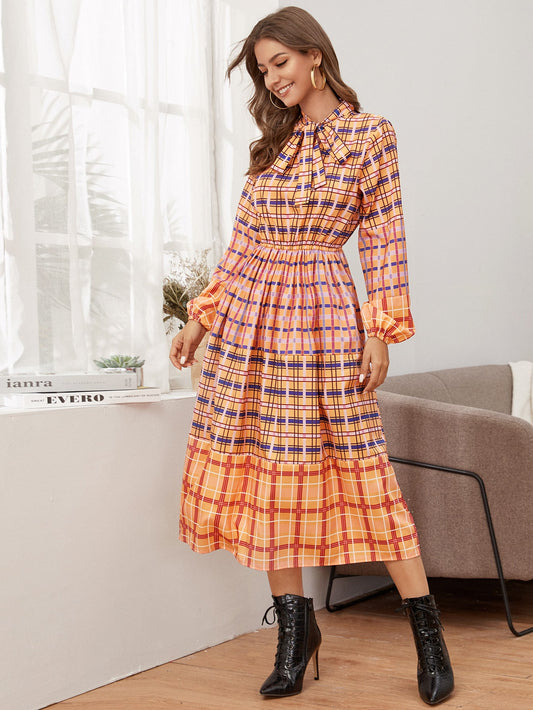 Cut And Sew Plaid Tie Neck Dress