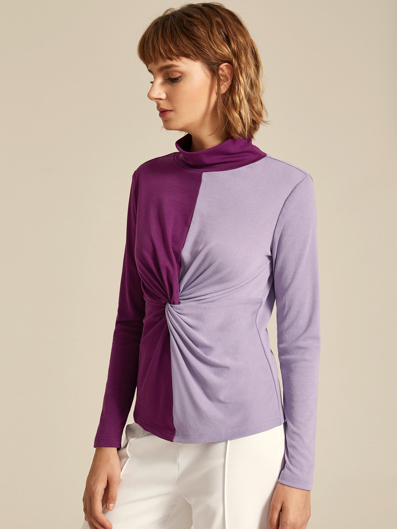Funnel Neck Twist Front Two Tone Tee