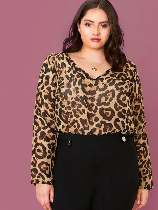 Plus Leopard Print Sheer Top