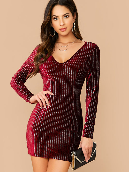 V-neck Glitter Velvet Bodycon Dress