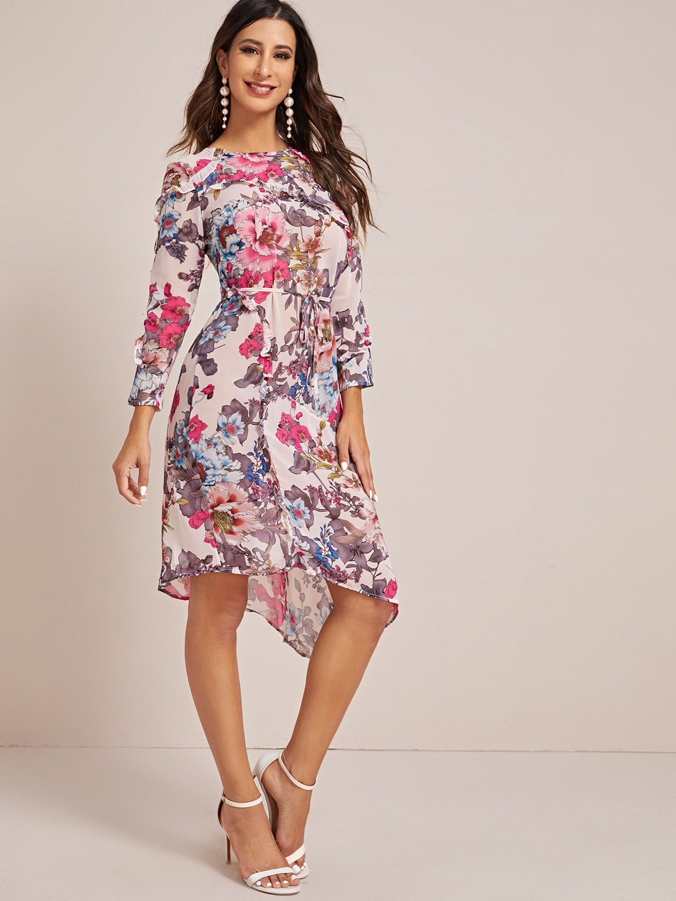 Floral Print Cut Out Back Belted Chiffon Dress